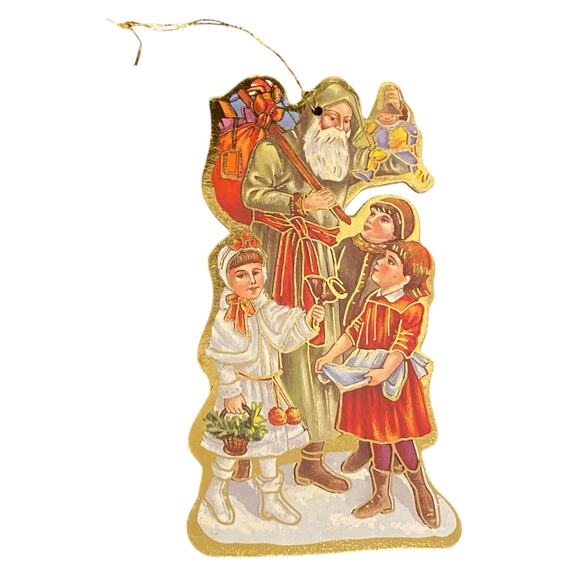 Lot of 5 Vintage 80s Christmas Cardboard Ornaments Gold Trim Accent Santa Tree - Picture 4 of 13